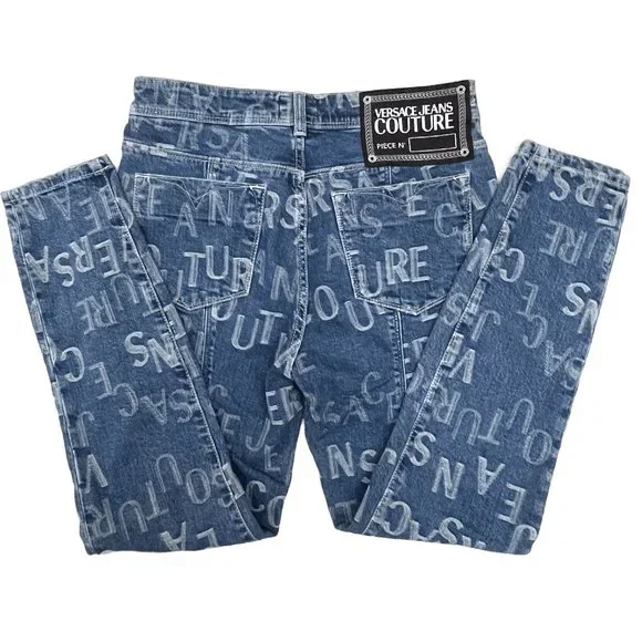 NWT $525 Authentic Versace Couture allover logo stretchy cotton jeans 27 - Picture 8 of 17